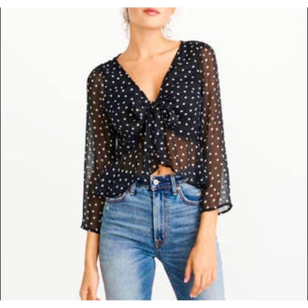 Abercrombie & Fitch Sheer Partial Lined Polka Dot Tie Front Crop Peplum Top S